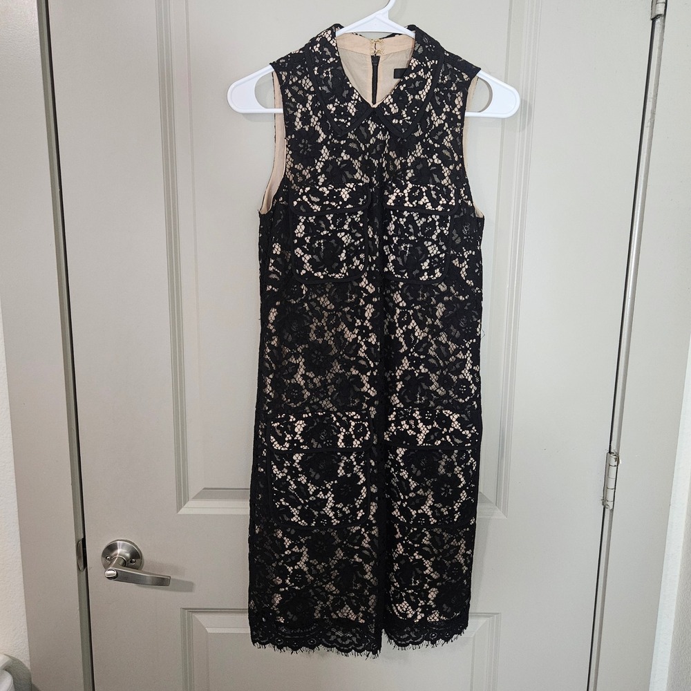 J.Crew Black Floral Lace Peter Pan Collar Shift Dress Nude Lining Womens 0